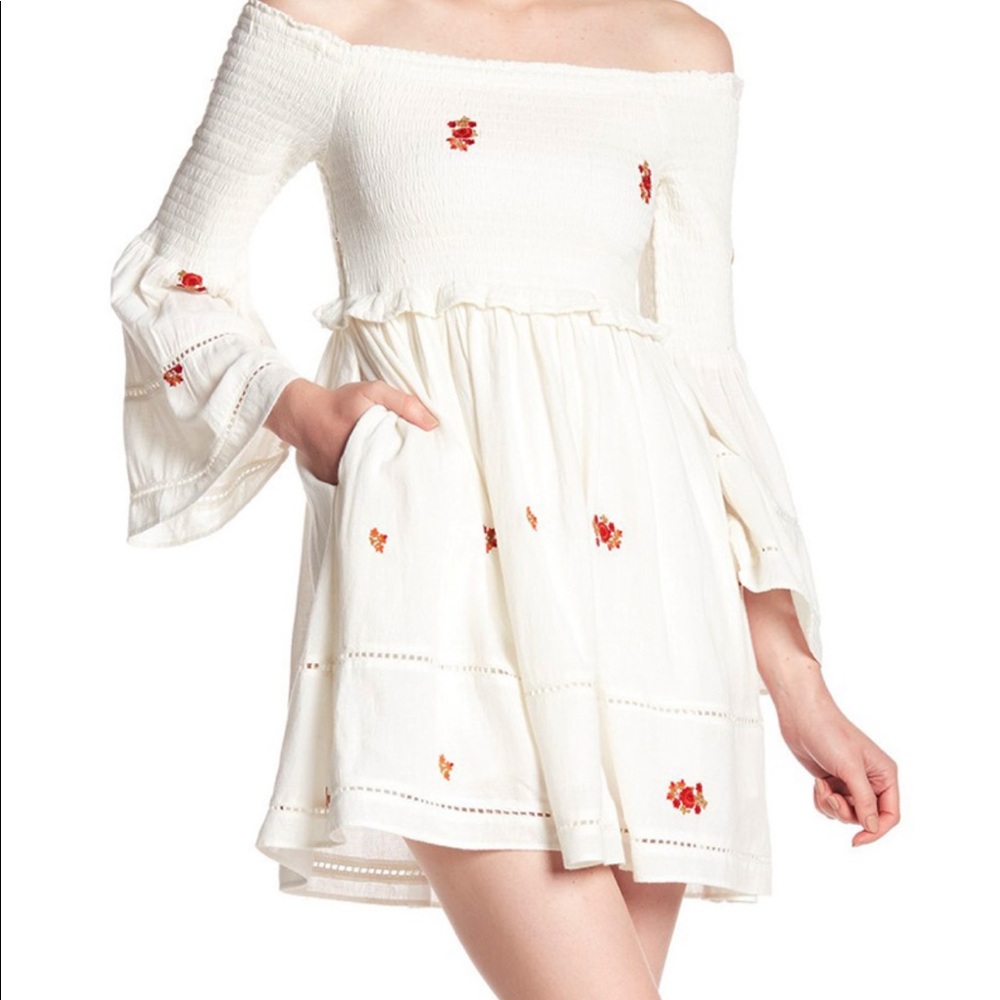 Free People Embroidered Smocked Off Shoulder Dress